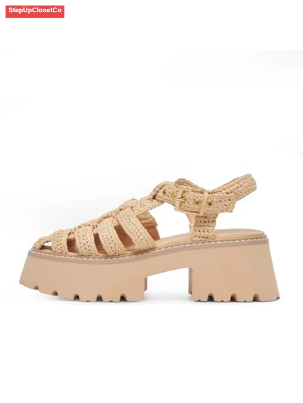 Woven Raffia Platform Sandals Chunky Heel Fisherman Sandals Closed Toe